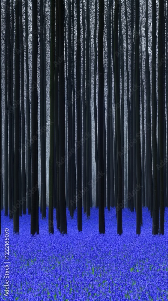 Enchanting Forest with Tall Trees and Vibrant Bluebell Carpet in Misty Atmosphere Enchanting Forest with Tall Trees and Vibrant Bluebell Carpet in Misty Atmosphere