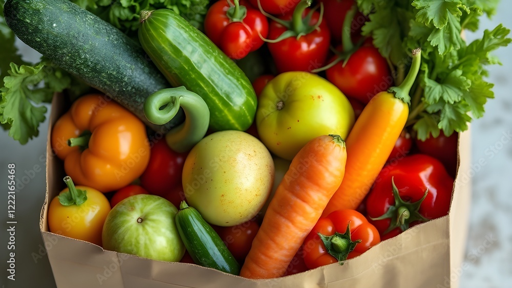 Variety of Fresh Organic Vegetables and Fruits in a Paper Bag Variety of Fresh Organic Vegetables and Fruits in a Paper Bag