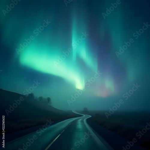 Driving under the Beautiful Aurora photo