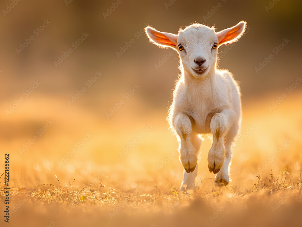 Fototapeta premium baby goat joyfully leaps through sunlit grassy field, showcasing its playful spirit and curiosity. warm glow of sunlight enhances scene charm and liveliness