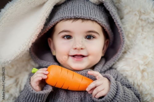 Little baby in rabbit costume covering eyes with big carrot photo