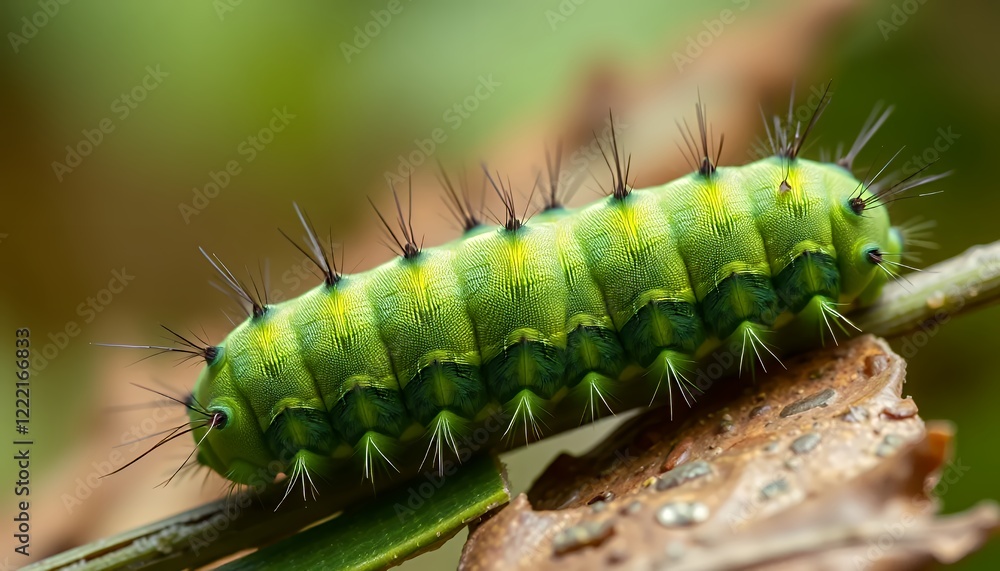Vibrant Green Spiny Caterpillar Closeup on Branch Vibrant Green Spiny Caterpillar Closeup on Branch