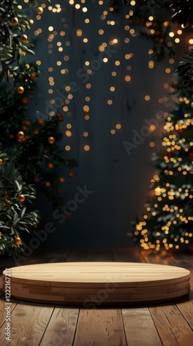 Cozy Holiday Scene with Wooden Platform and Dreamy Bokeh Lights