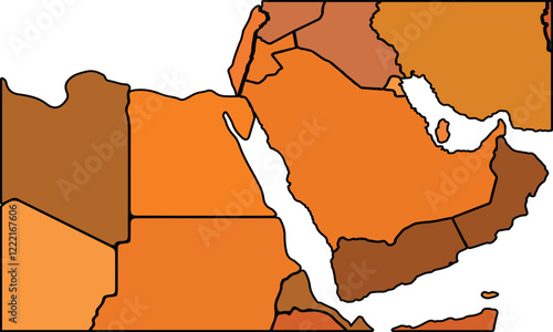 Middle East map with regions vector illustration,Middle East Political map and administrative divisions, vector illustration map of Middle East with borders, earth tone color of Middle East.