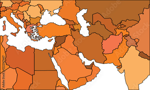 Middle East map with regions vector illustration,Middle East Political map and administrative divisions, vector illustration map of Middle East with borders, earth tone color of Middle East.