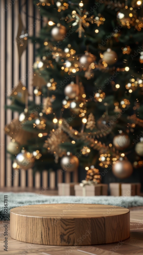 Wooden Display Stand in Front of a Beautiful Christmas Tree Scene Wooden Display Stand in Front of a Beautiful Christmas Tree Scene