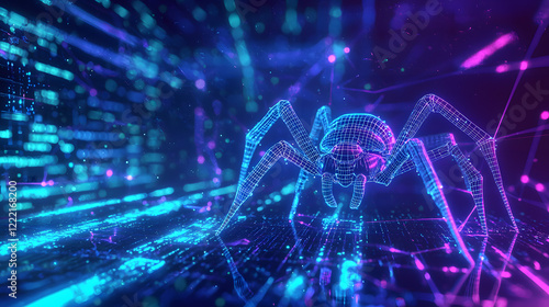 digital spider in neon lit environment, representing web scraping and technology. vibrant colors and futuristic design evoke sense of innovation and exploration