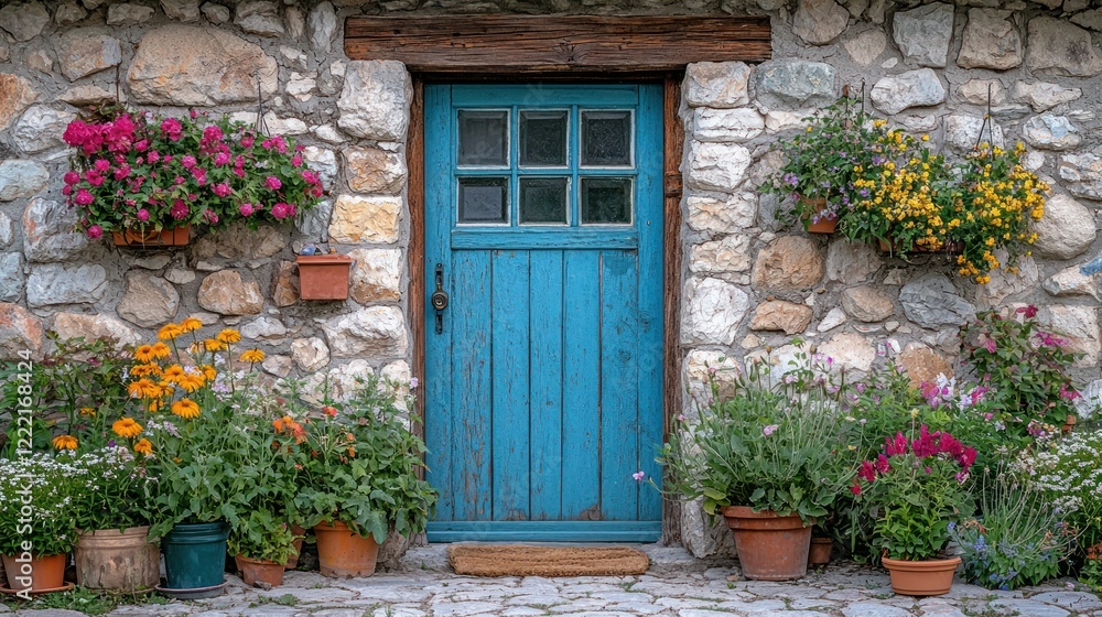 Rustic Charm: A Blue Door Adorned with Vibrant Flowers Rustic Charm: A Blue Door Adorned with Vibrant Flowers