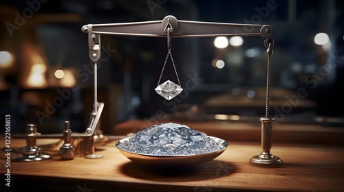 Precisely measuring the value of a sparkling diamond resting on a delicate scale in a well equipped jeweler s workshop photo