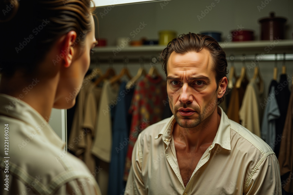 Pensive male actor gazing in mirror in dim dressing room, emotional preparation Pensive male actor gazing in mirror in dim dressing room, emotional preparation