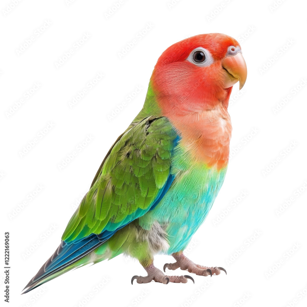 Colorful parrot with vibrant feathers, showcasing green, blue, and red hues. This lively bird stands upright, displaying its unique features and bright personality Colorful parrot with vibrant feathers, showcasing green, blue, and red hues. This lively bird stands upright, displaying its unique features and bright personality