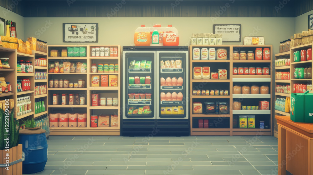 Grocery supermarket interior cartoon. Store inside with shelf, aisle and fridge design background. Super market department display gastronomy product on shelves and freezer with discount signboard Grocery supermarket interior cartoon. Store inside with shelf, aisle and fridge design background. Super market department display gastronomy product on shelves and freezer with discount signboard