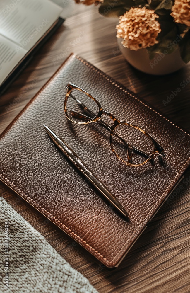 Fototapeta premium Leather notebook, pen, eyeglasses and coffee cup resting on wooden table