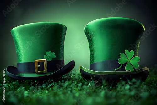 Green hats and clover leaf. props for st.patrick 's day party. Generative Ai photo