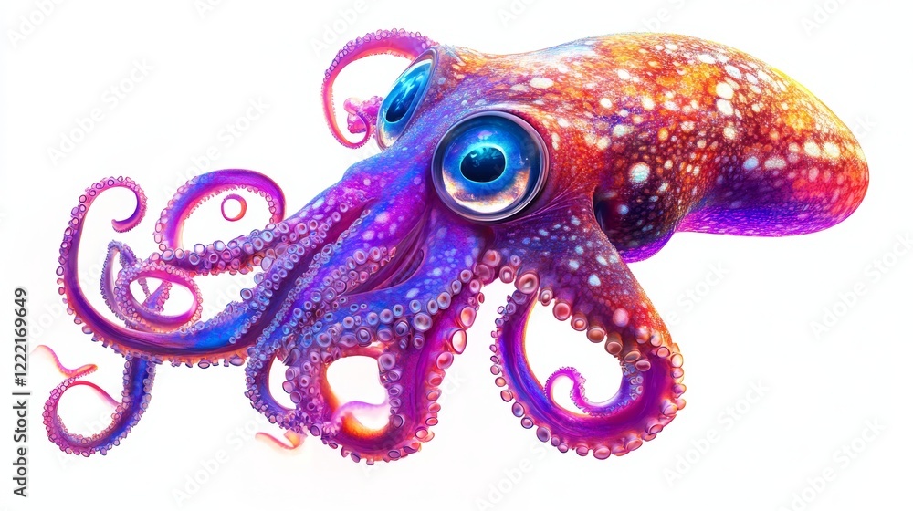 Obraz premium Reef Red Squid with Big Eyes Isolated On A White Background. Purple Ocean Cephalopod With Tentacles, Red Sea, Egypt. Cut Out.