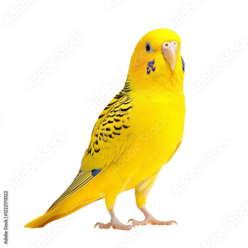 Bright yellow budgerigar with blue markings, standing gracefully
