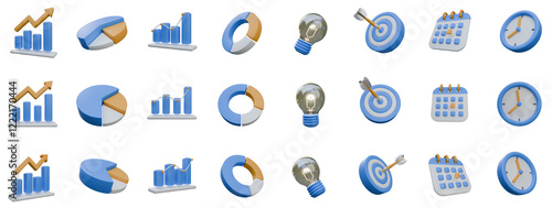 3d render business Management and data analysis icon collection design