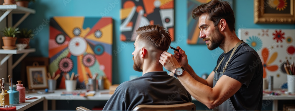 Obraz premium Artistic hairstyling in vibrant studio, creative expression
