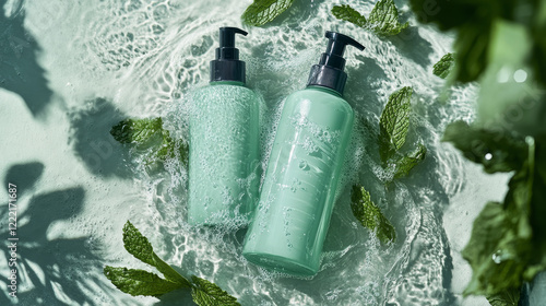 Cosmetic products in water splash with mint leaves. Vector realistic brand poster with shampoo and conditioner in blue tube for hair care. Promo banner, advertising background