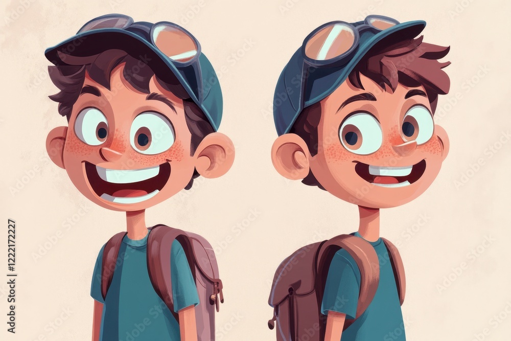 Cheerful Cartoon Boy Character Design with Backpack and Cap Cheerful Cartoon Boy Character Design with Backpack and Cap