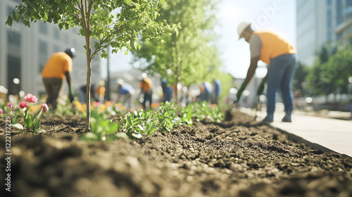 Volunteers planting flowers and trees in community garden, showcasing teamwork and dedication to beautifying urban environment
