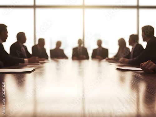 diverse group of professionals engaged in meeting around conference table, with bright background creating silhouette effect