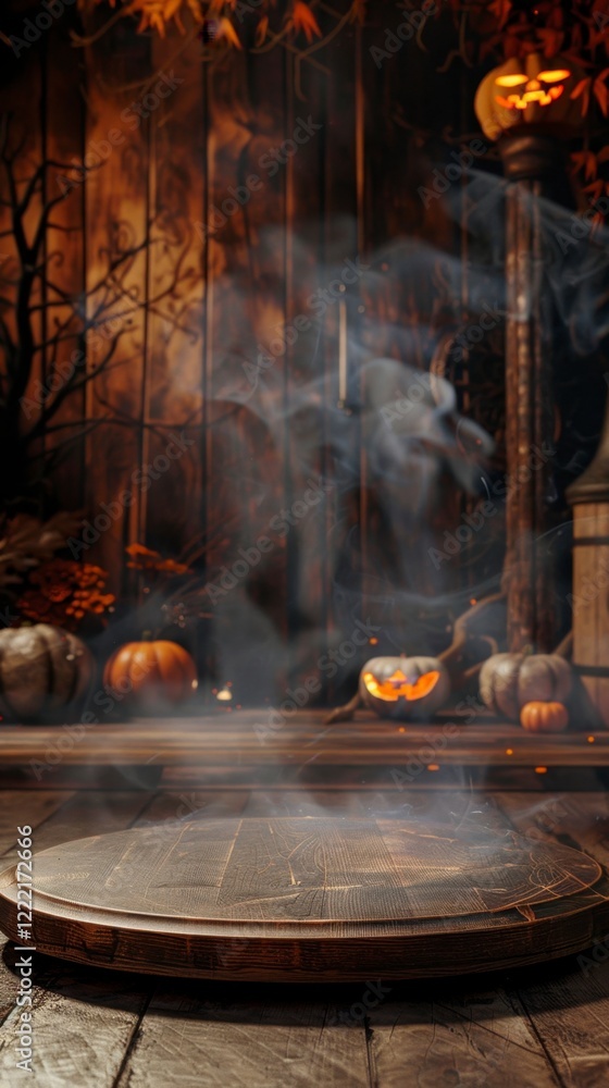 Mysterious Halloween Setting with Smoke and Pumpkins on Stage Mysterious Halloween Setting with Smoke and Pumpkins on Stage