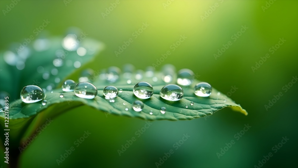 Close-up of dewdrops on fresh green leaves with soft-focus background
