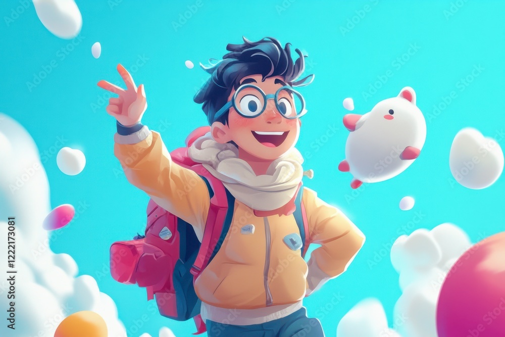Fototapeta premium Happy Cartoon Boy with Backpack in Vibrant Cloudy Background