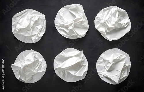 Six crumpled white paper circles on black background. (6) photo