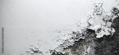 Black mold on the room wall. Fungus growth on a damp surface. Green mildew stains on the concrete after water damage. Bulging plaster background texture. photo