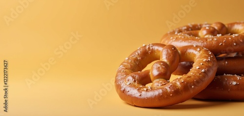 Golden Soft Beer Pretzels with Coarse Salt on Solid Background