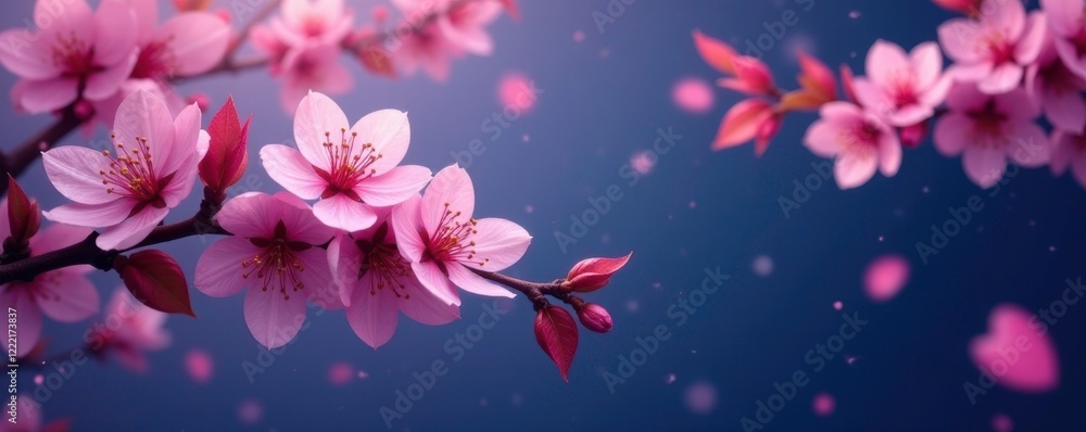 Pink cherry blossoms float on a deep indigo background with soft leaves, cherry blossoms, , blossom Pink cherry blossoms float on a deep indigo background with soft leaves, cherry blossoms, , blossom