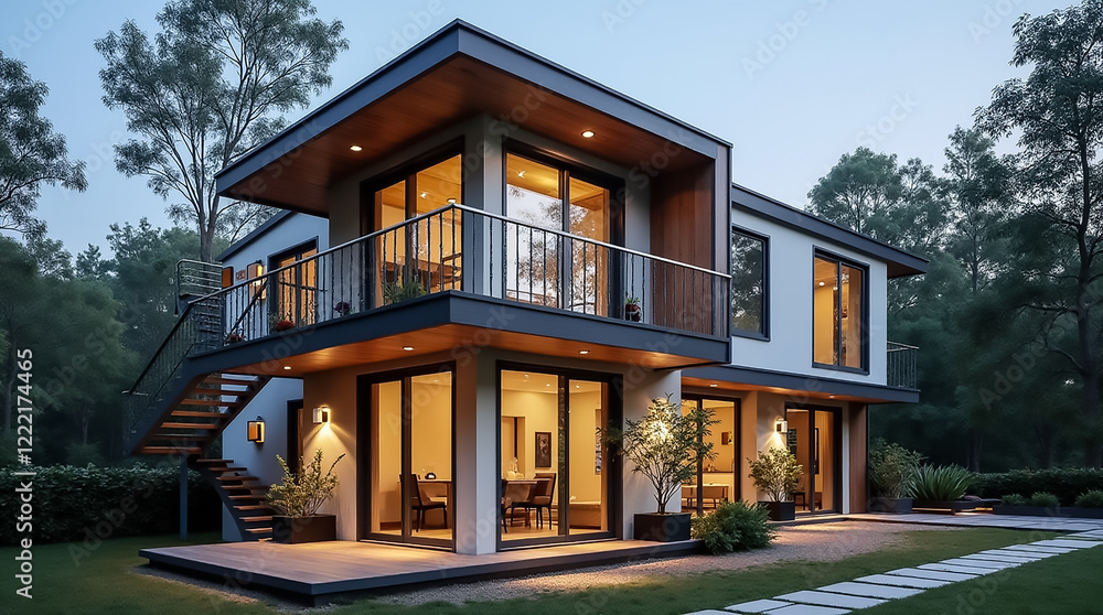 A stylish modern house features expansive windows and a sleek terrace, set in a serene landscape. The design emphasizes natural light and outdoor living, creating a welcoming atmosphere. A stylish modern house features expansive windows and a sleek terrace, set in a serene landscape. The design emphasizes natural light and outdoor living, creating a welcoming atmosphere.