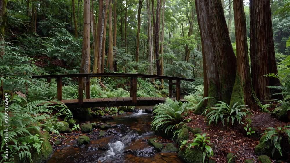 A tranquil rainforest scene with a small wooden footbridge crossing a gentle stream surrounded by lush greenery.
A tranquil rainforest scene with a small wooden footbridge crossing a gentle stream surrounded by lush greenery.