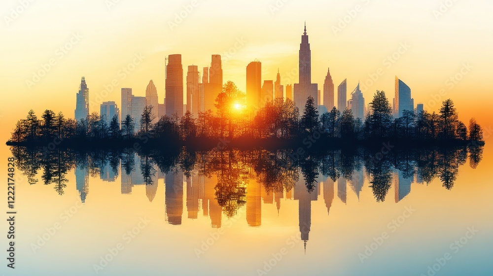 Fototapeta premium City Skyline Reflection at Sunrise