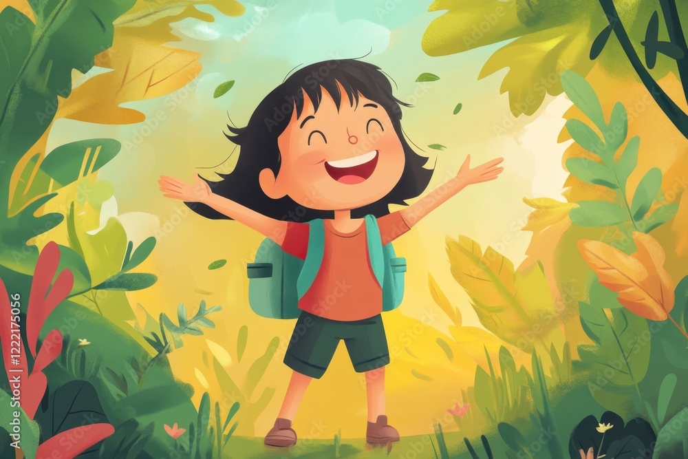 Joyful Child with Open Arms in a Lush Green Jungle Pathway Joyful Child with Open Arms in a Lush Green Jungle Pathway