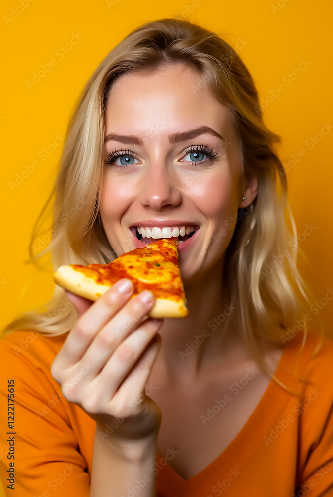 A joyful woman with long blonde hair holds a slice of pizza, beaming with happiness. The bright yellow backdrop enhances the cheerful atmosphere of the moment. A joyful woman with long blonde hair holds a slice of pizza, beaming with happiness. The bright yellow backdrop enhances the cheerful atmosphere of the moment.
