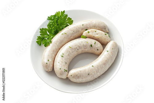 White sausages with fresh parsley in a white plate isolated on white or transparent, PNG