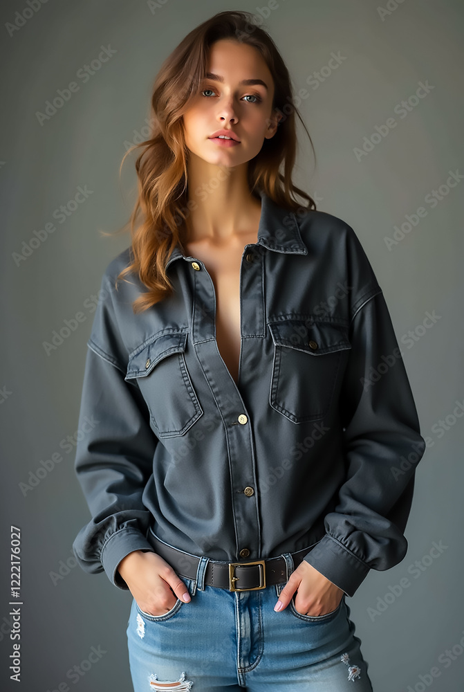 A young woman stands confidently with her hands in her pockets, wearing a loose denim shirt and blue jeans. The soft lighting enhances her natural look in a modern studio. A young woman stands confidently with her hands in her pockets, wearing a loose denim shirt and blue jeans. The soft lighting enhances her natural look in a modern studio.