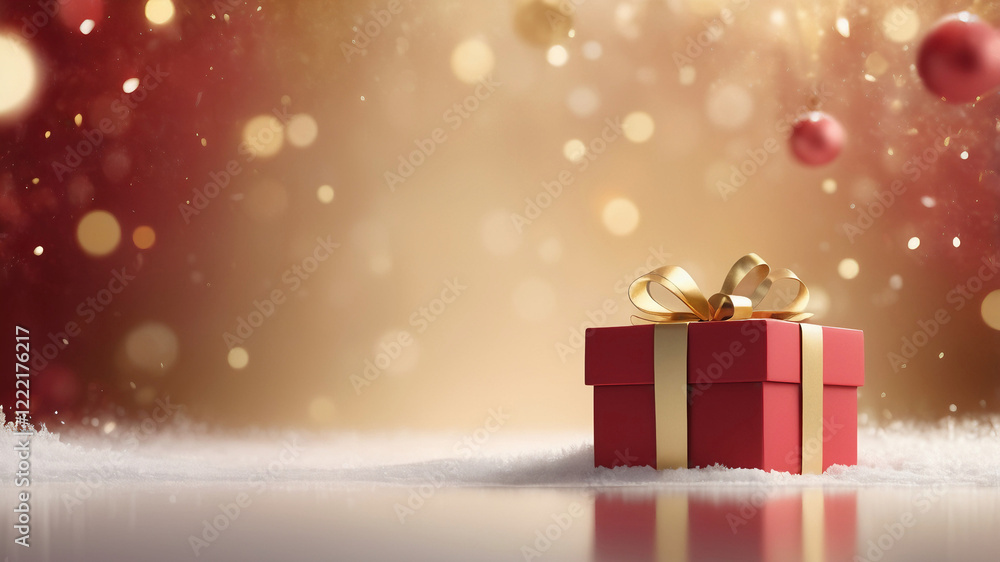 Elegant banner with a red gift box on the right and a clean text space on the left. A warm golden bokeh background blends with a soft snow texture. Ideal for valentines day or romantic background. Elegant banner with a red gift box on the right and a clean text space on the left. A warm golden bokeh background blends with a soft snow texture. Ideal for valentines day or romantic background.