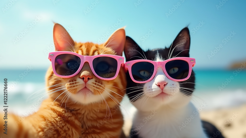 Obraz premium Two cats relax on the beach, wearing pink sunglasses, as they soak up the sun. The sandy shore and blue ocean waves create a vibrant atmosphere.