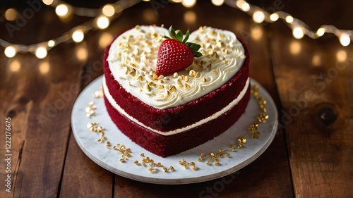 Wallpaper Mural A close-up of a heart-shaped red velvet cake with cream cheese frosting. The cake is decorated with tiny edible gold hearts and fresh strawberries. The background is a wooden table with scattered rose Torontodigital.ca