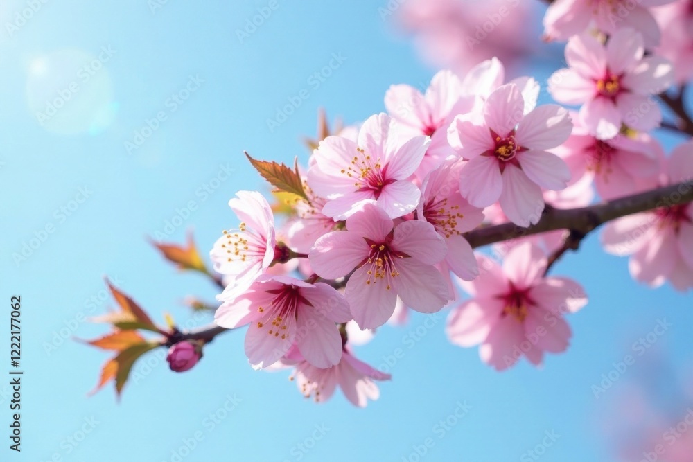 Pink cherry blossoms on a light green wooden branch against a blue sky, pink blossoms, landscape Pink cherry blossoms on a light green wooden branch against a blue sky, pink blossoms, landscape