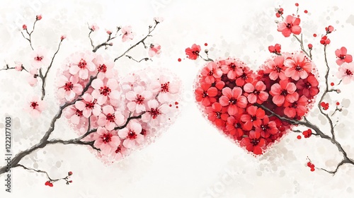 Valentines day card design featuring heart shaped flowers painted with pink and red blossoms set on a white background with a romantic theme