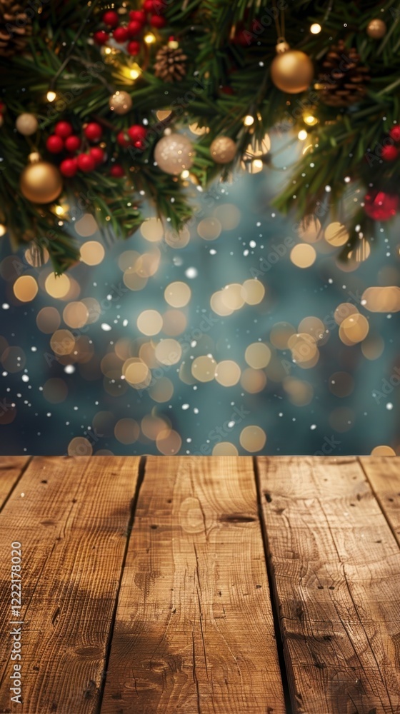 Festive Holiday Decor with Wooden Table and Blurry Bokeh Background Festive Holiday Decor with Wooden Table and Blurry Bokeh Background
