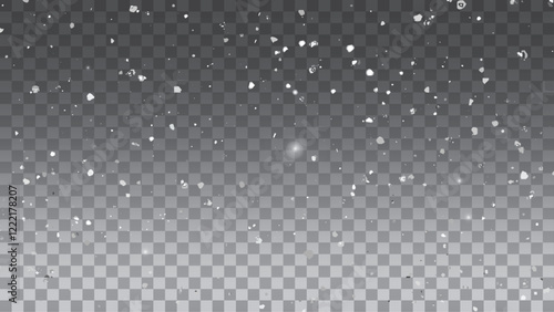 Falling snow elements in different shapes and sizes. A realistic snowfall overlay effect on a transparent background. Vector illustration of various sizes white snowflakes creating wintry atmosphere.