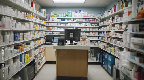 Pharmacy interior with drugs on shelves. Vector cartoon illustration of drugstore selling medication, cosmetic bottles, boxes of pills, tablets on shelf, computer on cash desk, pharmaceutical business photo