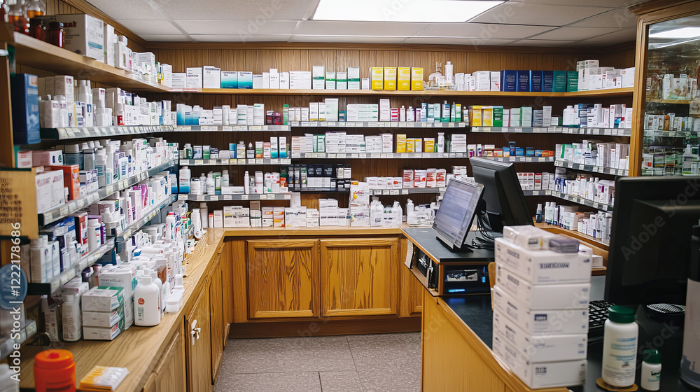 Fototapeta premium Pharmacy interior with drugs on shelves. Vector cartoon illustration of drugstore selling medication, cosmetic bottles, boxes of pills, tablets on shelf, computer on cash desk, pharmaceutical business