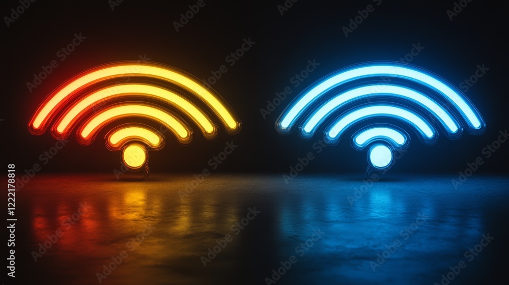 Wi-Fi light effect, Blue, white, red, silver and gold neon signal sensor waves internet wireless connection. Wireless technology digital radar or sonar with glowing light effect. Vector Wi-Fi light effect, Blue, white, red, silver and gold neon signal sensor waves internet wireless connection. Wireless technology digital radar or sonar with glowing light effect. Vector